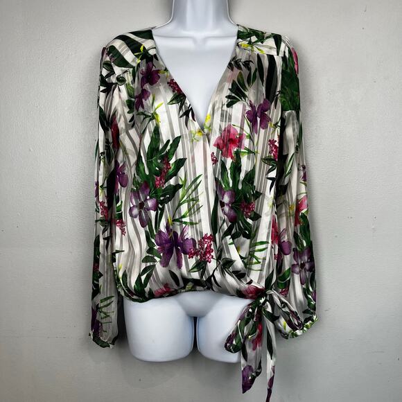 Guess Los Angeles Floral Flowy Mock-Wrap Top Small - Picture 3 of 6